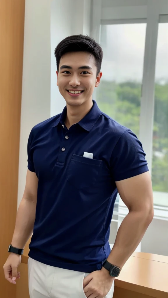 A male police officer in his 20s poses for a group photo., Wear a navy blue polo shirt., high resolution, Masterpiece, best quality, head:1.3,, Smooth and fine skin, clear focus, (movie light), during the night, gentle light, Dynamic angle, (detailed face:1.2), (((exercise))), sport, His arm muscles were very big., hand in crotch, In his office, mouth open, smiling.