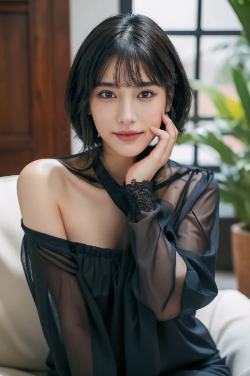 (award winning, 8k, super detailed, high resolution, best quality, photography, perfect anatomy), 1girl, solo, 20 years old girl, beautiful girl, beautiful eyes, detailed eyes, (black eye), Wear a navy blue see-through blouse, short hair, black hair, sitting in lounge, POV, [coy smile], ((upper body portrait)), chill atmosphere, (Hand on Chin)