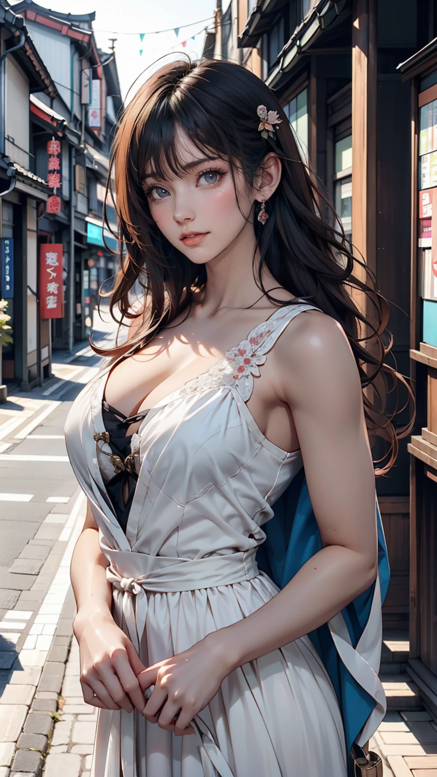 1 female, Black Hair, Blue Eyes, Delicate face, cute, Love Earrings, White Dress, Playful, Ultra HD, masterpiece, Highest quality, Super detailed, Accurate、At Ijinkan Street in Kobe, Hyogo Prefecture, Japan