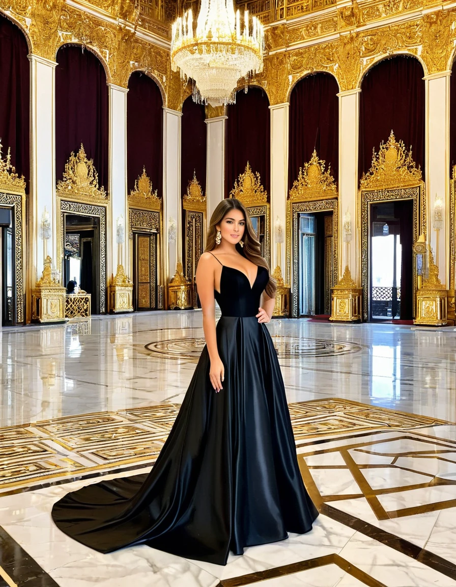 A woman with long brown hair, dressed in an elegant black ball gown, standing in a grand palace with opulent decor and royal furnishings.