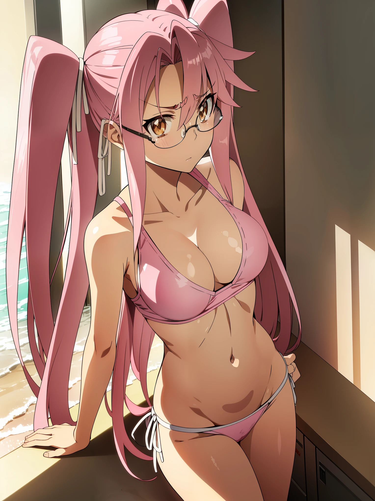 Hayatakagi, Hajime Takagi, Long hair, bow ribbon, (Twin-tailed:1.3), (Brown eyes:1.5), Hair Ribbon, Pink hair, (eye glasses:1.3),,(looking at the viewers:1.3),BREAK (masutepiece:1.2), Best Quality, High resolution, Unity 8k Wallpaper, (Illustration:0.8), (Beautiful detailed eyes:1.6), extra detailed face, Perfect Lighting, extremely details CG, (Perfect hands, Perfect Anatomy),(pink bikinis:1.3),(the beach:1.3),Naughty big、thighs thighs thighs thighs、solo