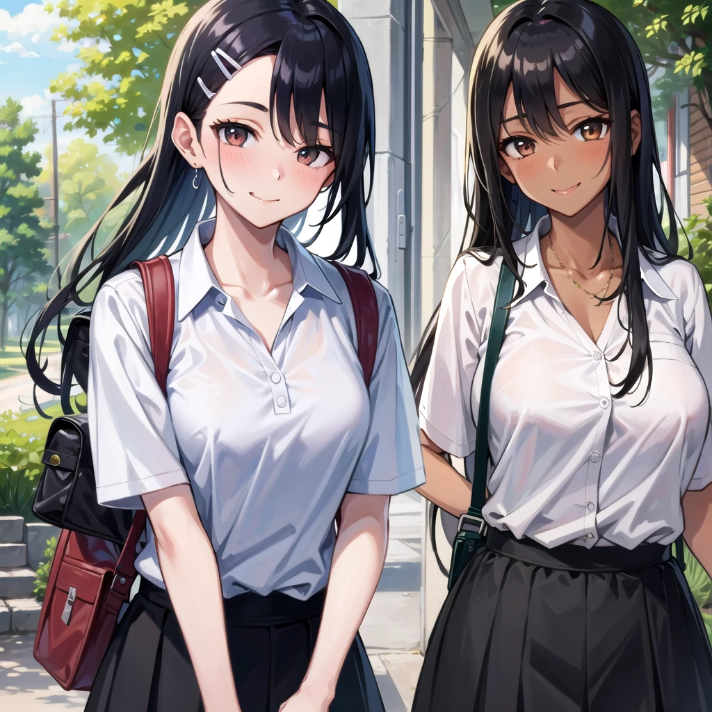 ((best quality)), ((masterpiece)), (detailed), 1girl, sexy((best quality)), ((masterpiece)), (detailed), 1girl, sexly((Highest quality)), ((masterpiece)), (detailed), One girl, セクシーexpensive body, expensive, Long legs, mature female, mature, Adult, It is_Nagatoro_main, nagatoro hayase, One girl, blush, alone, White polo shirt、 Black Hair, bag, Brown eyes, hair ornaments, View your viewers, Hair Clip, Outdoor, Backpack, smile, Long Hair, White shirt, Dark skinned women, Dark Skin, , bangs, Day, skirt, Collared shirt, clavicle, Ear Clip, Rolled up my sleeves, Mouth closed, wood, asymmetrical bangs, Upper Body