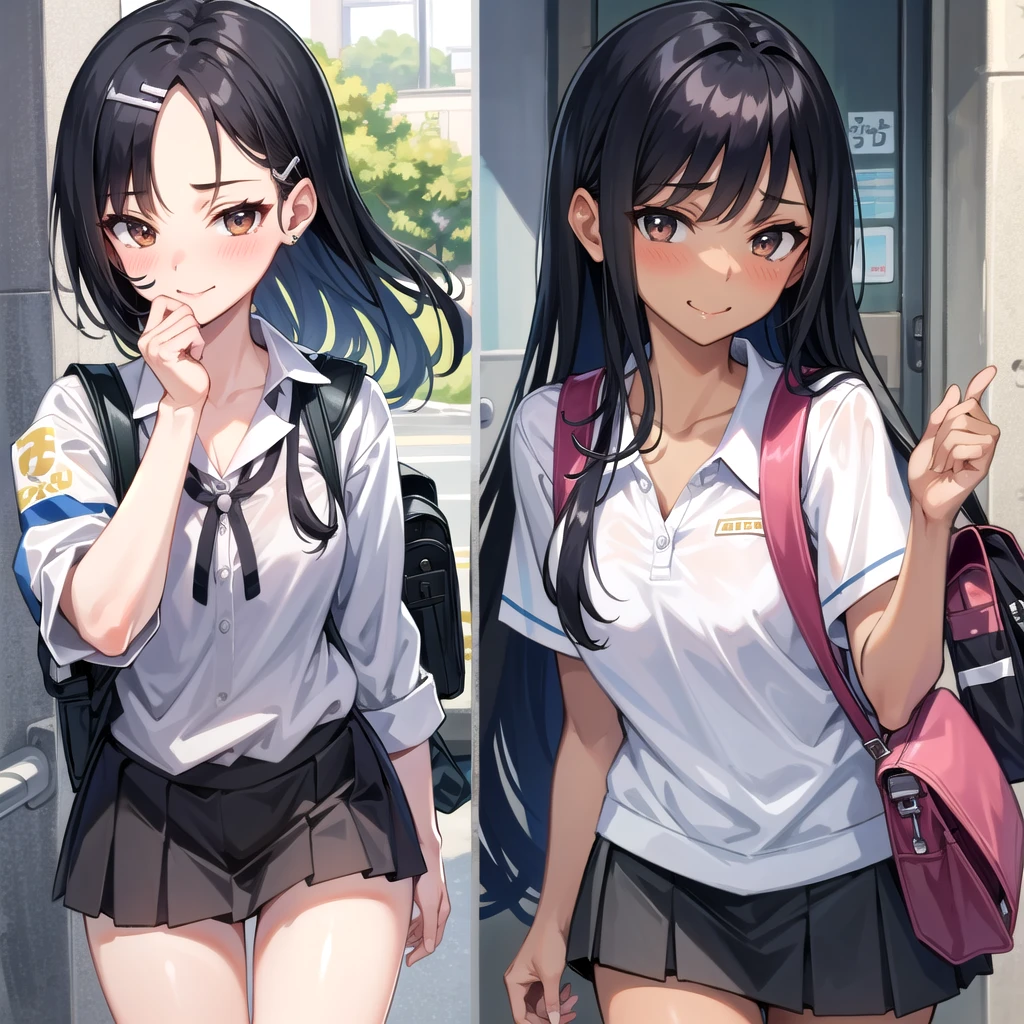 ((best quality)), ((masterpiece)), (details), one girl, sexy ((best quality)), ((masterpiece)), (details), one girl, sexy ((best quality)), ((masterpiece)), (details), one girl, full body, sexy expensive body, expensive, long legs, mature woman, mature, adult, it_nagatoro_main, Nagatoro Hayase, one girl, blushing, alone, uniform polo shirt, black hair, bag, brown eyes, hair accessory, looking at viewer, hair clip, outdoors, backpack, smiling, long hair, dark skinned woman, dark skin, , bangs, daytime, skirt, collared shirt, collarbone, ear clip, mouth closed, tree, asymmetrical bangs, upper body