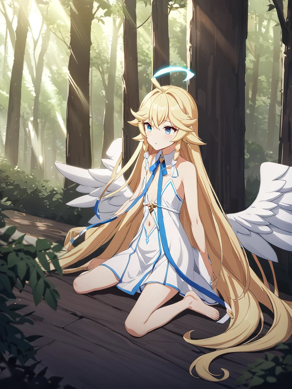 Zaora, blue eyes, (Variegated eyes:0.5), Blonde, Very long hair, Twin Blade, bangs, Ahoge, Hello, Angel, Flat Chest, White Dress, Belly button cutout, Detachable collar, Strapless, Neck ribbon, Bare shoulders, Angel wings, barefoot, One girl, Solo Break Space, forest, Depth of written boundary, Cinematic, masterpiece, Highest quality, Game CG