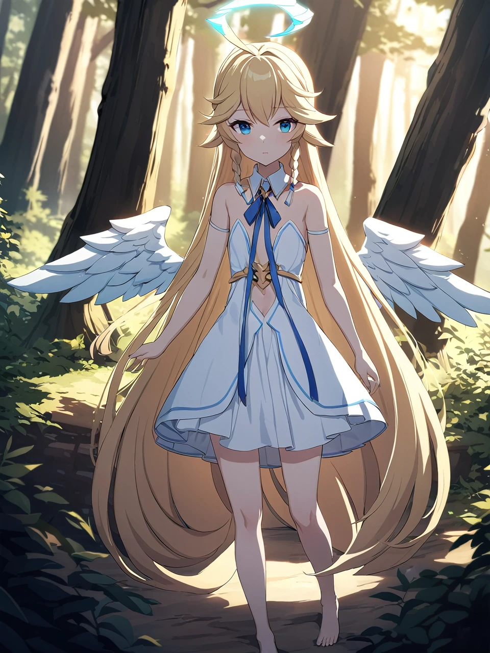 Zaora, blue eyes, (Variegated eyes:0.5), Blonde, Very long hair, Twin Blade, bangs, Ahoge, Hello, Angel, Flat Chest, White Dress, Belly button cutout, Detachable collar, Strapless, Neck ribbon, Bare shoulders, Angel wings, barefoot, One girl, Solo Break Space, forest, Depth of written boundary, Cinematic, masterpiece, Highest quality, Game CG