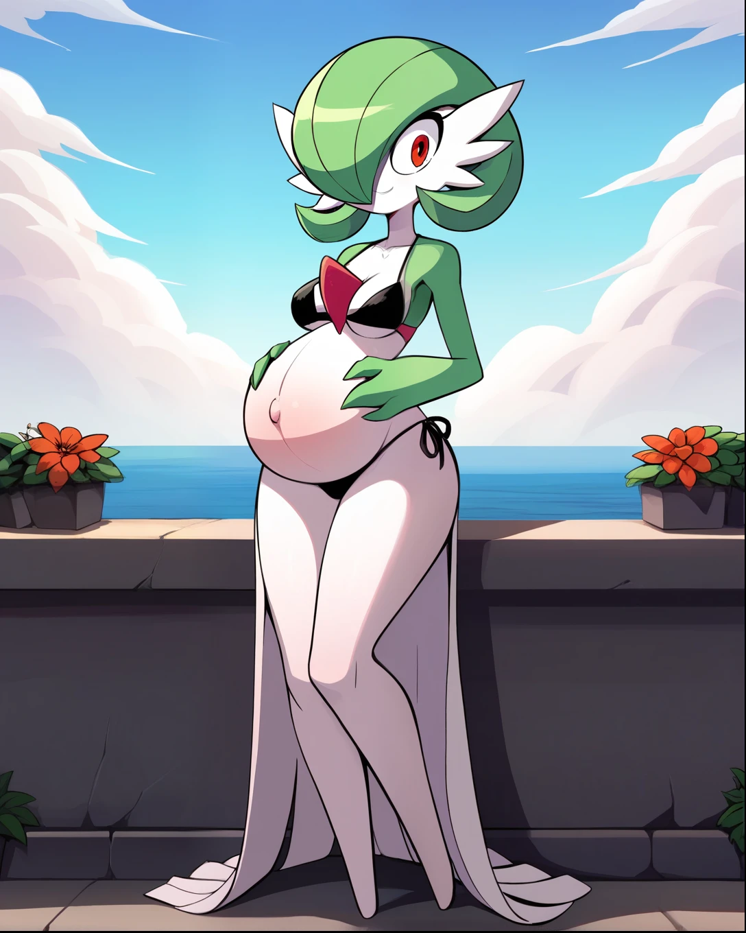 score_9, score_8_up, 1girl, gardevoir, happy, full body, outdoors, human proportions, looking at viewer, by diives, pregnant, pregnancy, shy smile, rubor, mirada tranquila, tranquila, manos en la cadera, hands on belly, bikini, senos, senos femeninos, senos grandes, big , lago, fondo de lago, en un lago.