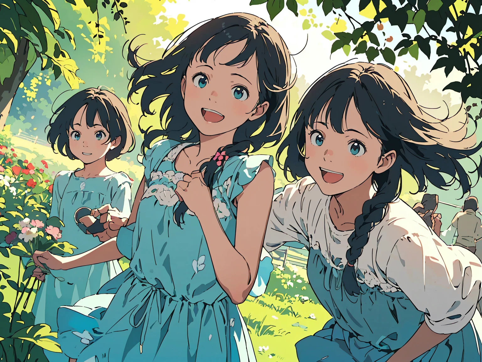 Reasonable design, Clear lines, High Sharpness, (Highest quality,8K,Perfect sharpness,Ultra fine,High resolution,masterpiece:1.2), Perfect Anatomy:1.5, Official Art, Illustrations that tell a story, (Whitish background:0. 9）、Body Positivity、多Mr.な身体表現、（Random and energetic poses）、Perfect beauty、Perfect beautiful face、Strong winds、A rich expression、Dynamic composition、smile、Golden ratio composition、colorful、（(Mr.々Different angles and perspectives)）、Anime Art、(Mini dress)、（Overcoming stereotypes）、 Glowing Skin、（Natural beauty）、smile、Bangs、（Soft and flowing hair）、（countryside）、（Nostalgic atmosphere）、Put up to your feet、（Playful and carefree）、（多Mr.な民族のキャラクター）、（innocent attitude）、（Sunny atmosphere）、(The skirt flutters wildly in the wind)、（Bright colors）、Beautiful Eyes、(Embarrassing)、Braided Hair、Summer Scene、Smiling among flowers、Side angle、