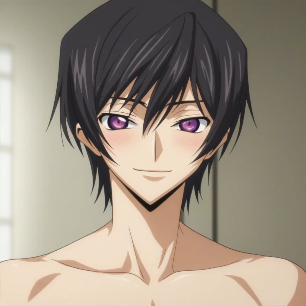 score_9, score_8_up, score_7_up, source_anime, rating_safe, intricate details, anime screencap, , , looking at viewer, depth of field, 1boy, solo, male focus, lelouch_lamperouge, black hair, purple eyes, bangs, smile, blush, cute, naked, bed room, night,