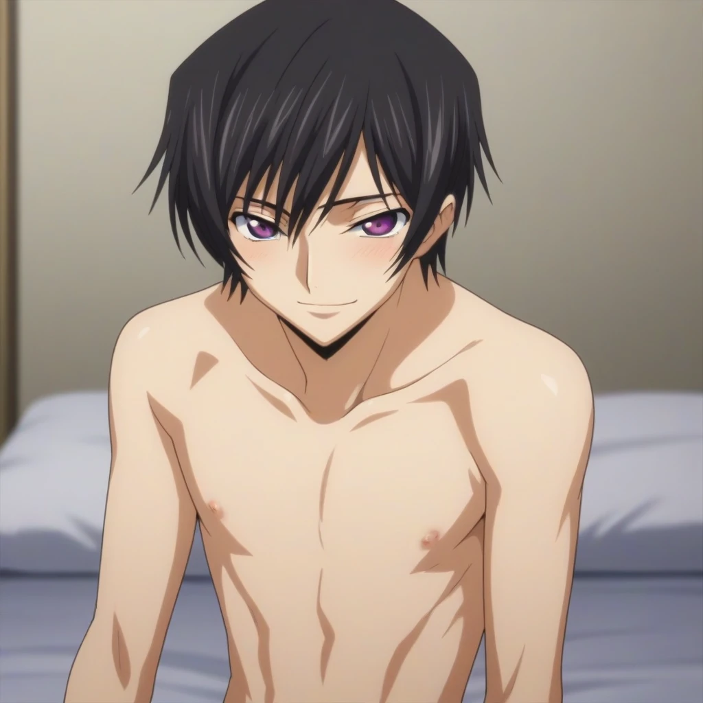 score_9, score_8_up, score_7_up, source_anime, rating_safe, intricate details, anime screencap, , , looking at viewer, depth of field, 1boy, solo, male focus, lelouch_lamperouge, black hair, purple eyes, bangs, smile, blush, cute, naked, bed room, night,