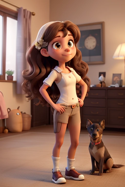 A photograph of a young lady with long wavy light brown hair, white skin with a 2 year old , short wavy fur, light brown skin, and next to him a puppy mixed between Doberman and German shepherd with standing ears..