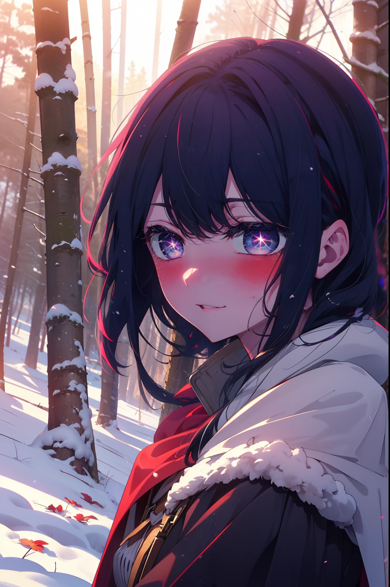 aihoshino, Ai Hoshino, Long Hair, bangs, (Purple eyes:1.1), Purple Hair, (Symbol-shaped pupil:1.5), smile,,smile,blush,White Breath,
Open your mouth,snow,Ground bonfire, Outdoor, boots, snowing, From the side, wood, suitcase, Cape, Blurred, , forest, White handbag, nature, Squat, Mouth closed, Cape, winter, Written boundary depth, Black shoes, red Cape break looking at viewer, Upper Body, whole body, break Outdoor, forest, nature, break (masterpiece:1.2), Highest quality, High resolution, unity 8k wallpaper, (shape:0.8), (Beautiful and beautiful eyes:1.6), Highly detailed face, Perfect lighting, Highly detailed CG, (Perfect hands, Perfect Anatomy),