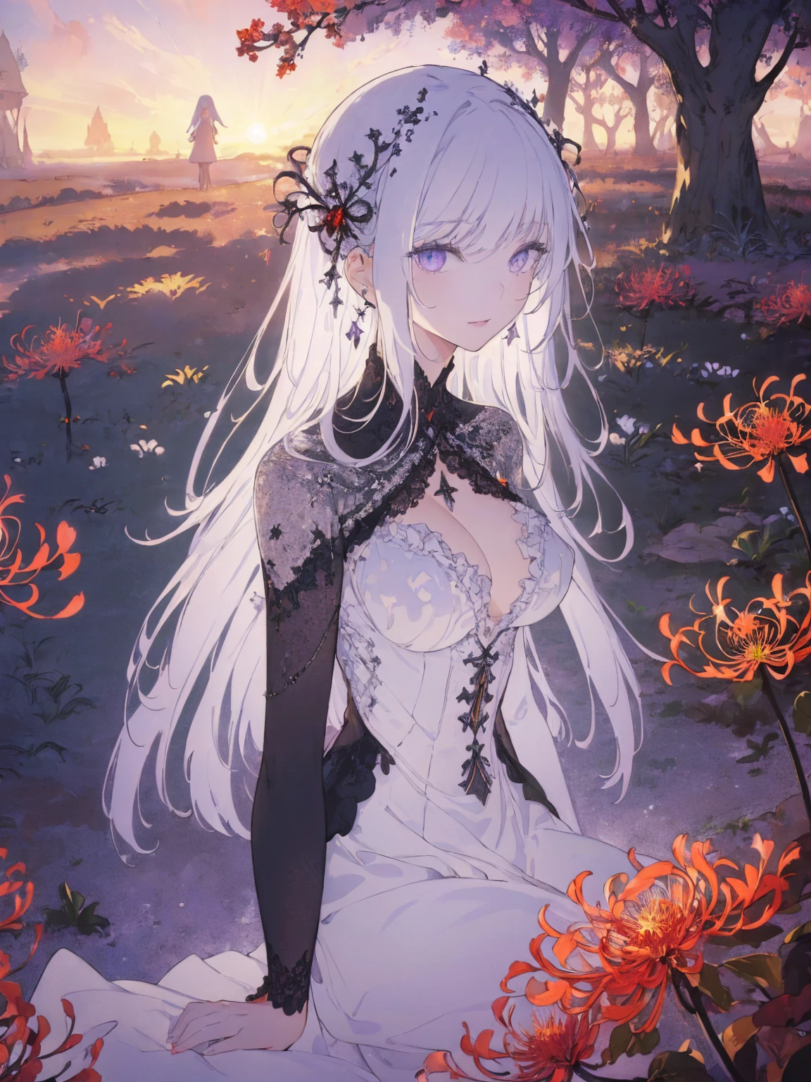 (landscape photo, with a woman in the bottom right of photo:1.5, in white garden:1.5), Masterpiece, best quality, (very detailed CG unity 8k wallpaper), (best quality), High definition RAW color art, Animation,sculptures, (black Marble Skin), (((Ultra detailed elegant))), Magical atmosphere, Detailed skin, Texture,(Intricately detailed, Fine detail, ultra-detail art), depth of fields, bokeh, Silky Touch, Hyper Detail, beautiful eyes, Elegant Face, (sexy profile posing), sparkle background, enormous breast:1.4,  (silver hair), pastel purple, witchcraft dress, witchcraft hat, embarrassing face, Red spider lily,  Dramatic Light, smiley, Frills, sunset, cross
