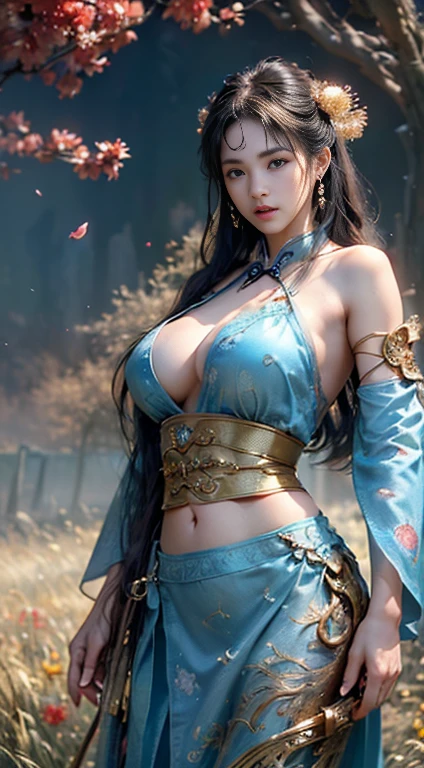 (RAW photos, best quality), (realistic, Photo Realism: 1.3), Extremely Refined and Beautiful, Amazing, Fine Detail, Masterpiece, Ultra Detail, High Resolution, (Best Illustration), (Best Shadow), Intricate, (in a crimson gold Chinese dragon, surrounded by gold dust, black flowers, trees, petals, wind, God, long wavy body, fangs, fantasy, mythology, high quality, highly detailed, masterpiece, epic, particle effects, dynamic effects, (Dragon: 1.4 in front of), clouds, storms, mountains, sunsets, clear focus, volumetric fog, 8k Ultra HD, DSLR, High quality, (Film grain: 1.4), Fujifilm XT3,Official Art, Unity 8K wallpaper, Ultra detailed, Beautiful and beautiful, Best quality, (Zen entanglement, tangled, entangled), (fractal art: 1.4), 1 girl, brunette hair, Chinese, bare shoulders, short skirt, calf, navel, very detailed, dynamic angle, denim lens, (most beautiful chaotic shape), flow, (bright colors), OC, (half: 1.2), china, (tape: 1.3), (Dream: 1.5), (Hanfu: 1.5), Chinese Dragon, (Smile: 0.5), (Chinese God), Realistic, Ultra High Resolution, Complex, Ultra Detailed, (Skin Dents), Female, Detailed Body, (Detailed Face: 1.1), (Contoured Iris), (Watercolor Lenses), (Perfect Eyes), 4K, Gorgeous, (Masterpiece: 1.2), (Best Quality: 1.2), Wide Buttocks, Thick Thighs, (Big Tits: 1.2) and (Big Tits: 1.2), Debauchery, Seductive pose.