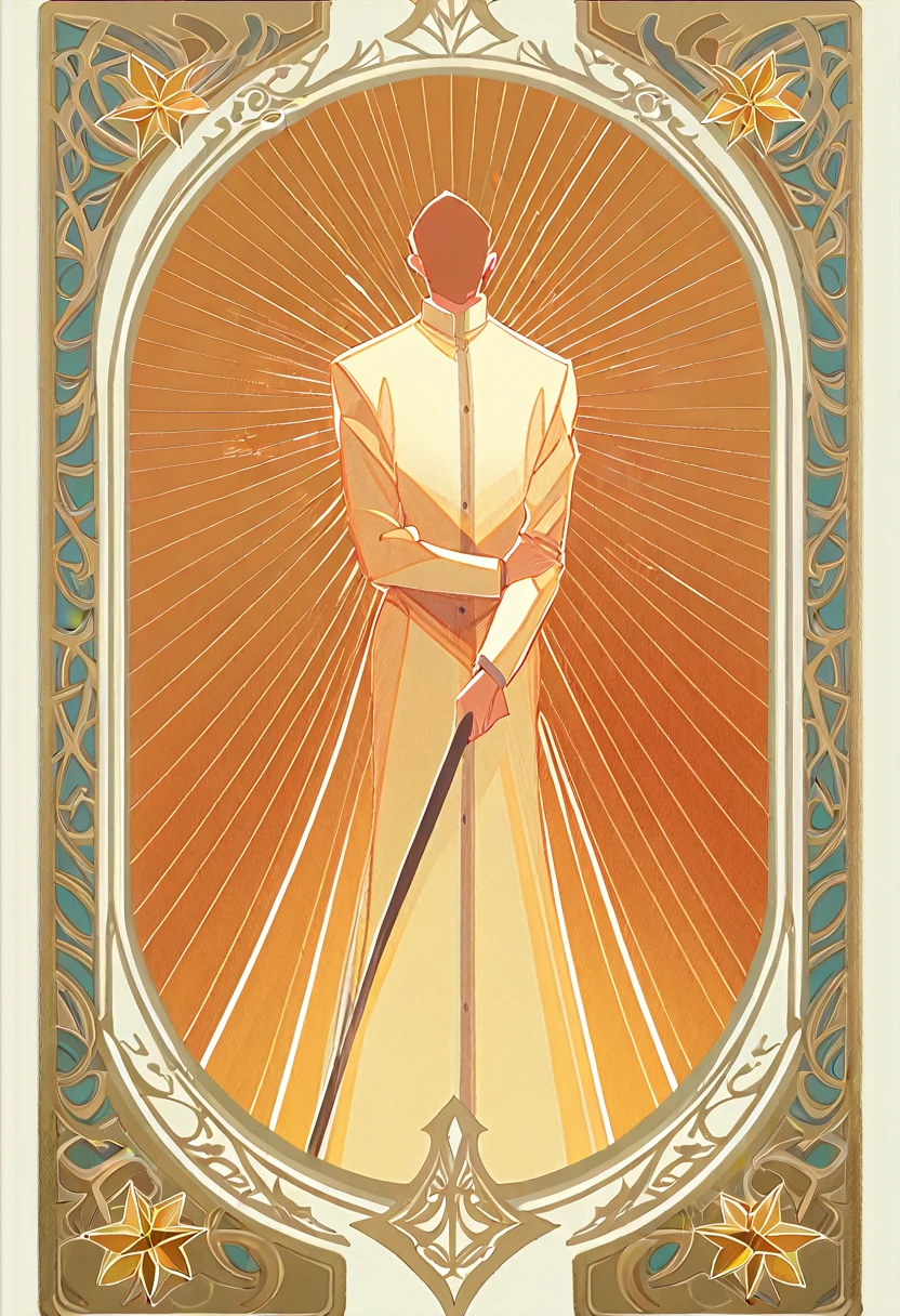 Full body portrait of 1 boy, Magician, holding a wooden stick, Standing and painting the whole body., bird, (((single))), clear face, simple line design, ((tarot card background, symmetrical beauty)), Perfectly symmetrical., The art of symmetry, Standing and drawing characters, ((Plain colors)), Masterpiece，highest priority，best quality，Ultra high resolution, ((clear face，beautiful eyes，Handsome face., exquisite face))