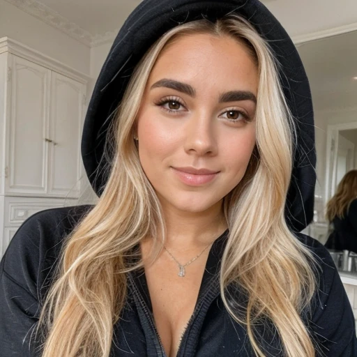 Une femme blonde de 23 ans, ((gros seins)), ((hyperréalisme)) ,. cheveux blonds avec des racines châtain clair. cheveux blond, Cheveux aux racines brunes, cheveux très longs, cheveux très longs, cheveux très longs, Beau, vue de face, selfie, photo prise avec iPhone, pull vert élégant, selfie sur le balcon, haute qualité, iPhone HD, seins énormes, Sourire timide, ultraHD,(( latin woman with french bulldog)) a beautiful body with big breast, long blonde hair, grey hoodie with beautiful honey-colored eyes, big lips, a Latin woman, big eyelashes professional make up, Très jolie, 20 ans, Instagram, influenceur, mignon, pose sexy, portant un hoodie décontracté dans son salon , haute résolution, Ultra-détaillé, , éclairage professionnel, faire la moue, expression maussade,