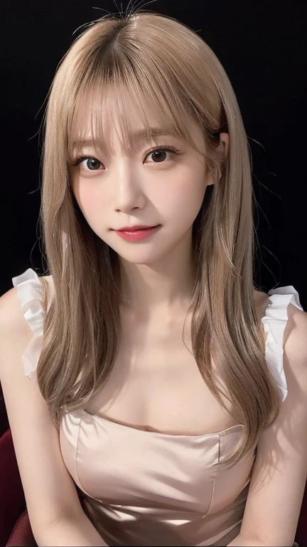 (8K、Highest quality、masterpiece:1.2)、Silk dress、Very detailed、Ultra-high resolution、A childlike smile、Innocence、29 year old girl、Beautifully detailed face、(Slim waist) :1.3)、Blonde、beautifully detailed skin、Skin Texture、Floating Hair、Human whole body、masterpiece, Highest quality, Very detailedな, Film Photography, Very delicate and beautiful ,beautiful girls japanese girls, Small breasts,Close-up face,((No makeup)),、((Pitch-dark room)), ((look up:1.2 )), 