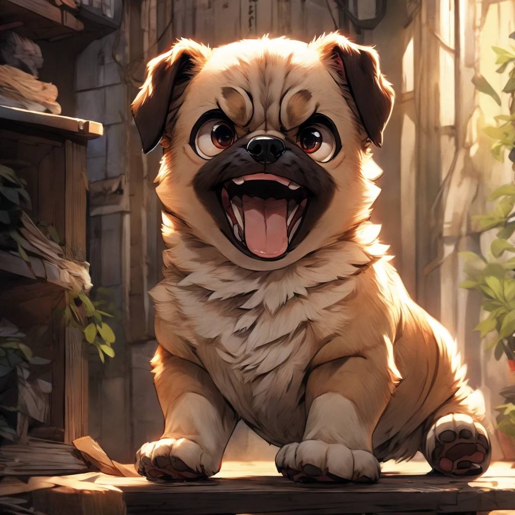 Pug dog puppy、One animal、Barking with an angry face