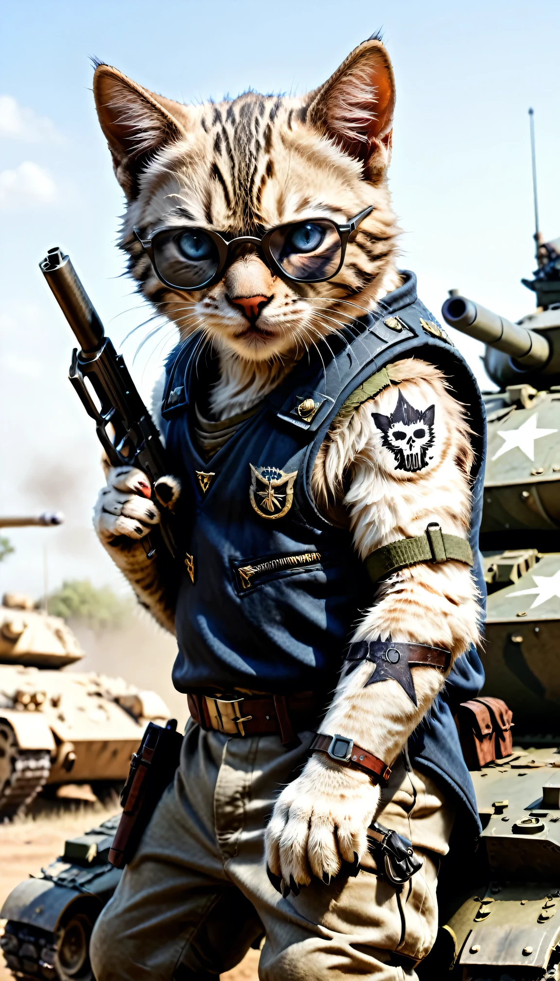 kitten, cool, general, on a tank, battle field, holding a pistol, scar on 1 eye, black glasses