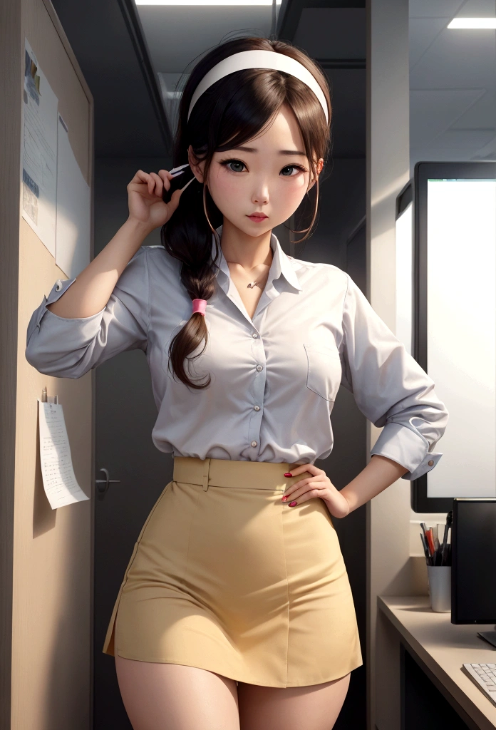 A female office worker is hanging with her hands tied。In underwear。watch。Headband。
