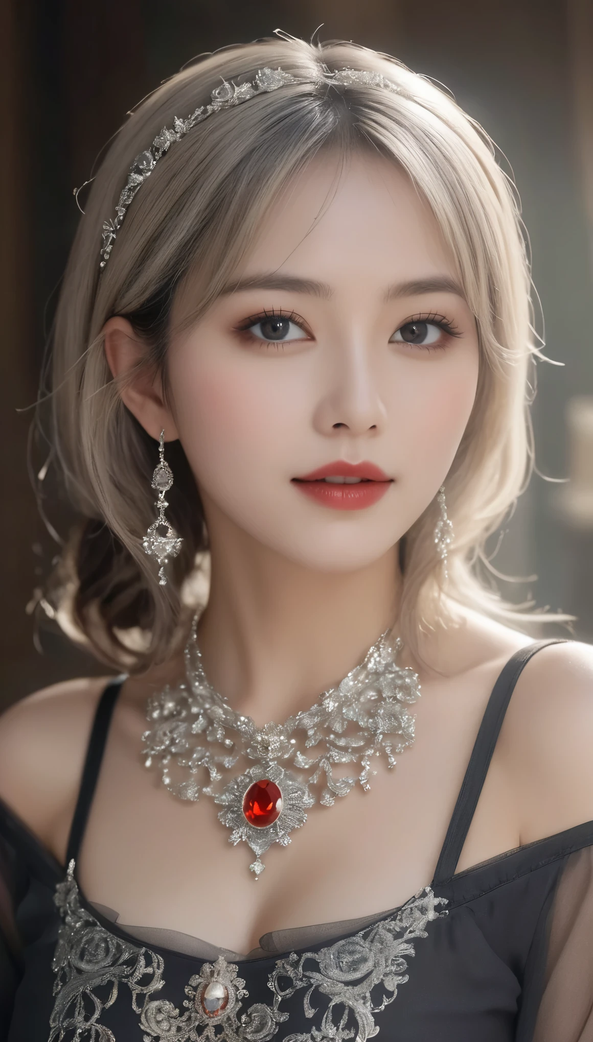 (((surreal woman)))、((Very beautiful 30 year old white woman))、(((Big big cleavage)))、のwitch girl、blonde mature、Plump figure、smile、Middle-aged beauty 、Very delicate and delicate skin texture、witch girl、{(Ancient ornate and luxurious temple)、(Many torches are burning)}、Red lips、Beautiful scarlet eyes、(((Gorgeous and glamorous silver outfit and luxurious accessories)))、I have a shiny platinum wand、
