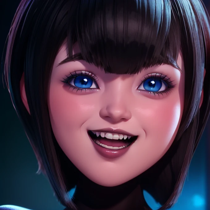 Alone, Beautiful face with big blue eyes, White skin, short black hair bob style, with bangs, voluminous lips and open mouth showing vampire fangs, SMILE, wallpaper fanart