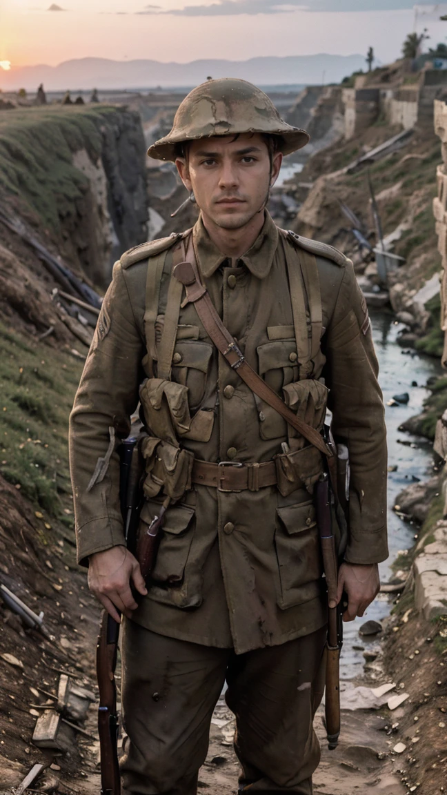 (masterpiece), best quality, expressive eyes, perfect face, cliffs, man, trenches, dirty, uniform, realistic, HD, Rifle, Enfield rifle, Gallipoli, hill climb, bayonet, dusk, explosion, bombarded