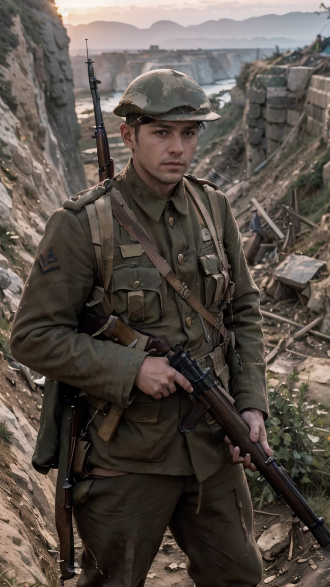 (masterpiece), best quality, expressive eyes, perfect face, cliffs, man, trenches, dirty, uniform, realistic, HD, Rifle, Enfield rifle, Gallipoli, hill climb, bayonet, dusk, explosion, bombarded