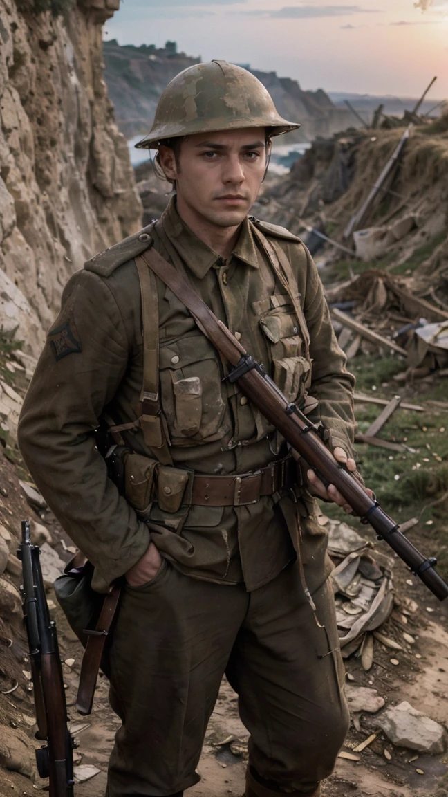 (masterpiece), best quality, expressive eyes, perfect face, cliffs, man, trenches, dirty, uniform, realistic, HD, Rifle, Enfield rifle, Gallipoli, hill climb, bayonet, dusk, explosion, bombarded