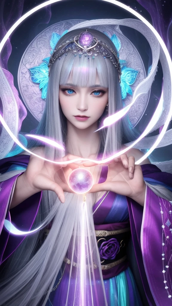 (masterpiece, Highest quality, One Woman, alone, Exquisite detail, chromatic aberration), (Realistic), (skin), ((breathe)), (Silver Hair, Blunt bangs, Straight Long Hair, Cropped bangs), Beautiful Hair, Red headdress, Blue Highlights, Hair on one eye, Purple eyes, Earrings, Sharp Eye, ((A pink and white kimono)), ((Symmetrical eyes)), ((Perfectly symmetrical body)), ((Perfectly symmetrical hands)), (PurerosFace_v1:0.3), night, (((Natural light))), Backlight, Pale pink wall, Bright lighting, Facing the audience, ((Central Shot, from the front, (Face and waist))), Mysterious atmosphere, fortune teller in kimono, beautiful fortune teller, fortune teller, dark fantasy female fortune teller, female fortune teller, Fantasy Photography, magician, witch fairytale, Japanese style, Elegant cinematic fantasy art, Fantasy Woman, portrait of magician, Casting a Spell, fortune teller, Not very sexy kimono, Powerful wizard, Nestled in a mysterious forest. Flowing robes decorated with symbols, Arms stretched out, Eyes glowing with mystical energy. Spells leak from his mouth, Vibrant, Patterns of light magic swirl in the air, Red and blue hues pulsate. The allure permeates, Flowers Bloom, And creatures look on in awe. Threads of magical energy dance, Uncover hidden areas, Uncovering the secrets. Capture the essence of this enchanting moment, Highest qualityのキャンバスに、The mystical power of light magic is vividly expressed。. . Highest quality, masterpiece, ultra-High resolution, (photoRealistic:1.4), RAW Photos, Sharp focus, High resolution, detailed skin.Amaterasu Goddess