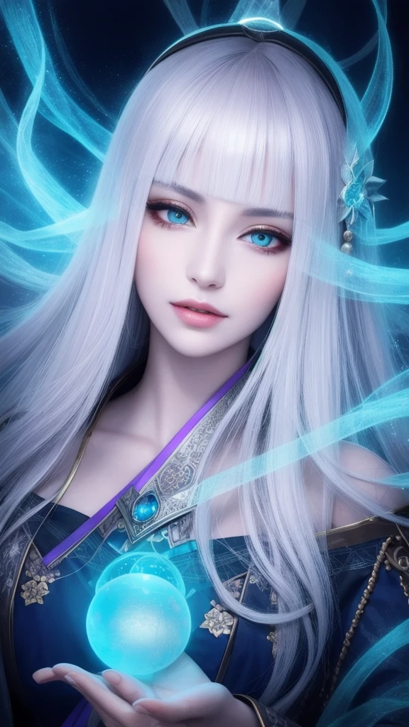 (masterpiece, top quality, 1 female, solo, exquisite details, chromatic aberration), (realistic), (skin), ((breathing)), (silver hair, blunt bangs, short straight long hair, short bangs, silver hair), beautiful hair, red headdress, blue highlights, hair over one eye, beautiful eyes, purple eyes, thick lips, earrings, piercing eyes, ((gold and white kimono)), ((symmetrical eyes)), ((perfectly symmetrical body)), ((perfectly symmetrical hands)), (purerosface_v1:0.3), night, ((self, natural light))), bright lighting, flowers blooming in the background, in front of the viewer, ((central shot, from the front, (face and shoulders))), mysterious atmosphere, bright flowers blooming around, bright colored background, rainbow colored background, fortune teller in kimono, beautiful fortune teller, fortune teller, fantasy female fortune teller, female fortune teller ,fFantasy photography, magician, witch fairy tale, Japanese style, elegant cinematic fantasy art, fantasy woman, sorceress portrait, casting spells, fortune teller, powerful wizard surrounded by mystical colorful flowers, wearing fluttering robes adorned with symbols, holding a glowing heart crystal ball, eyes glowing with mystical energy, spells leaking from his mouth, vivid swirls of sorcery pulsating with iridescent hues appear in the air, magic permeates, flowers bloom, sacred creatures gaze in awe, threads of magical energy dance, revealing hidden realms, unravelling secrets, capturing the essence of this enchanting moment and bringing to life the mystical power of sorcery on a canvas of the highest quality and finest detail. Highest Quality, Masterpiece, Ultra High Resolution, (Photorealistic: 1.4), RAW Photo, Sharp Focus, High Resolution, Detailed Skin.