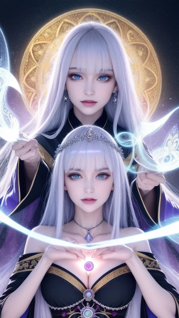 (masterpiece, top quality, 1 female, solo, exquisite details, chromatic aberration), (realistic), (skin), ((breathing)), (silver hair, blunt bangs, short straight long hair, short bangs, silver hair), beautiful hair, red headdress, blue highlights, hair over one eye, beautiful eyes, purple eyes, thick lips, earrings, piercing eyes, ((gold and white kimono)), ((symmetrical eyes)), ((perfectly symmetrical body)), ((perfectly symmetrical hands)), (purerosface_v1:0.3), night, ((self, natural light))), bright lighting, flowers blooming in the background, in front of the viewer, ((central shot, from the front, (face and shoulders))), mysterious atmosphere, bright flowers blooming around, bright colored background, rainbow colored background, fortune teller in kimono, beautiful fortune teller, fortune teller, fantasy female fortune teller, female fortune teller ,fFantasy photography, magician, witch fairy tale, Japanese style, elegant cinematic fantasy art, fantasy woman, sorceress portrait, casting spells, fortune teller, powerful wizard surrounded by mystical colorful flowers, wearing fluttering robes adorned with symbols, holding a glowing heart crystal ball, eyes glowing with mystical energy, spells leaking from his mouth, vivid swirls of sorcery pulsating with iridescent hues appear in the air, magic permeates, flowers bloom, sacred creatures gaze in awe, threads of magical energy dance, revealing hidden realms, unravelling secrets, capturing the essence of this enchanting moment and bringing to life the mystical power of sorcery on a canvas of the highest quality and finest detail. Highest Quality, Masterpiece, Ultra High Resolution, (Photorealistic: 1.4), RAW Photo, Sharp Focus, High Resolution, Detailed Skin.