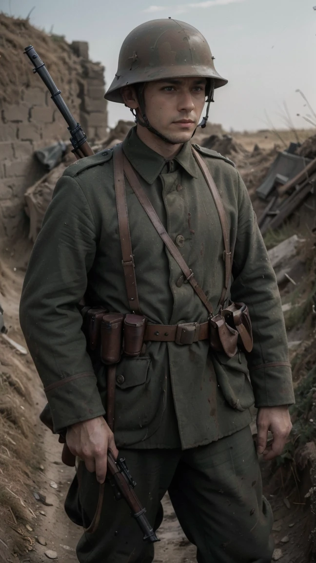 (masterpiece), best quality, expressive eyes, perfect face, All quiet on western Front, man, trenches, dirty, uniform, realistic, HD, Rifle, aiming rifle, somme, ww1, german, getting shot, wounded, pain, boy
