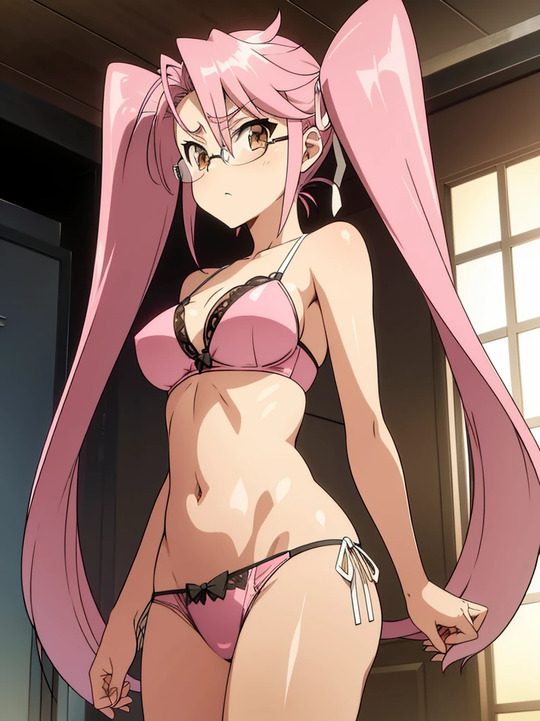 (Nsfw),Hayatakagi, Hajime Takagi, Long hair, bow ribbon, (Twin-tailed:1.3), (Brown eyes:1.5), Hair Ribbon, Pink hair, (eye glasses:1.3),,(looking at the viewers:1.3),BREAK (masutepiece:1.2), Best Quality, High resolution, Unity 8k Wallpaper, (Illustration:0.8), (Beautiful detailed eyes:1.6), extra detailed face, Perfect Lighting, extremely details CG, (Perfect hands, Perfect Anatomy), big hotel room,Naughty big、thighs thighs thighs thighs、solo, very big breast, detailed nipples, deep cameltoe, barely spread legs, caderas anchas, ultra small high leg string thong, translucent stockings, perfect round detailed and realistic nipples, detailed vagina, daylight illuminated, black transparent super ultra small lace lingerie, in the most erotic pose, showing her beautiful nipples, full body picture, almost fully naked, pellizcando sus pezones, her vagina dripping wet from orgasm