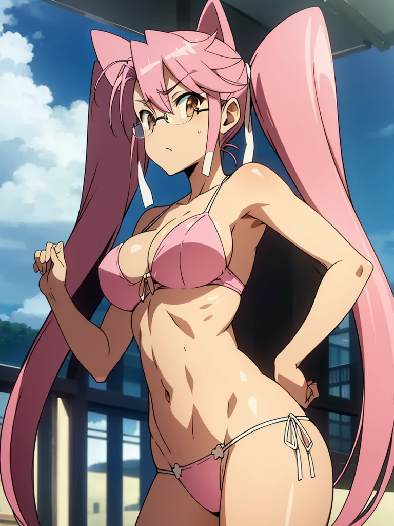 Hayatakagi, Hajime Takagi, Long hair, bow ribbon, (Twin-tailed:1.3), (Brown eyes:1.5), Hair Ribbon, Pink hair, (eye glasses:1.3),,(looking at the viewers:1.3),BREAK (masutepiece:1.2), Best Quality, High resolution, Unity 8k Wallpaper, (Illustration:0.8), (Beautiful detailed eyes:1.6), extra detailed face, Perfect Lighting, extremely details CG, (Perfect hands, Perfect Anatomy),(pink bikinis:1.3),(the beach:1.3),Naughty big、thighs thighs thighs thighs、solo, translucent super small and tight lace lingerie