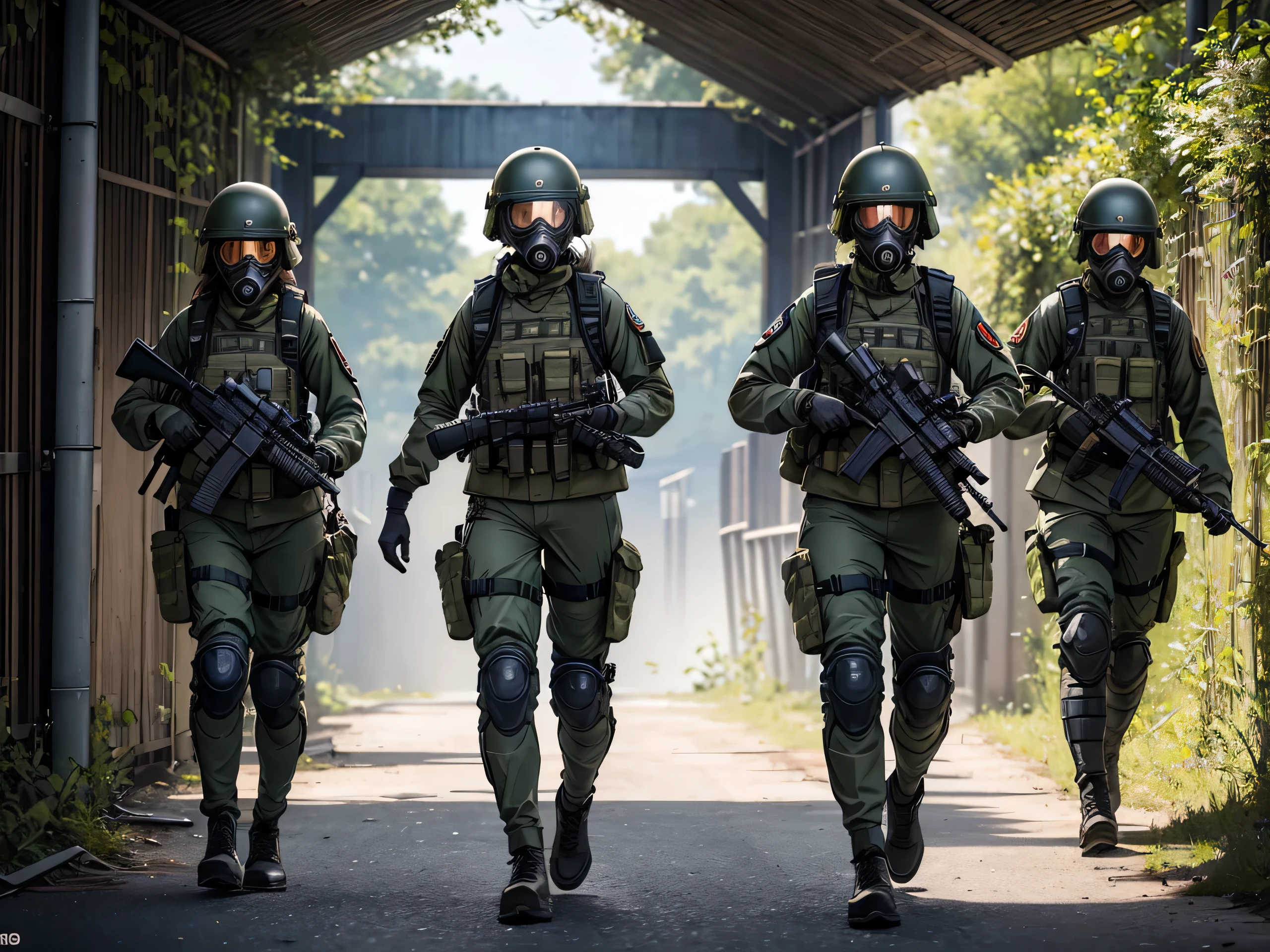 tunnel、A group of female special forces soldiers wearing gas masks、Put on a helmet、Wearing M-51 military uniform、Show only the upper thigh area、Write details、masterpiece、best quality、Highly detailed CG、8K picture quality