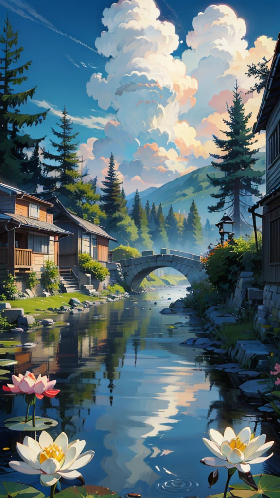 masterpiece,Best quality,outdoor,cloud,landscape,Sky,Grass,unmanned,daytime,water,lily pad,Blue sky,flower,Reflection,masterpiece,Best quality,(masterpiece:1,2),Glowing waves,Surrealism,Simplicity,abstract,Vision,Romanticized nature。