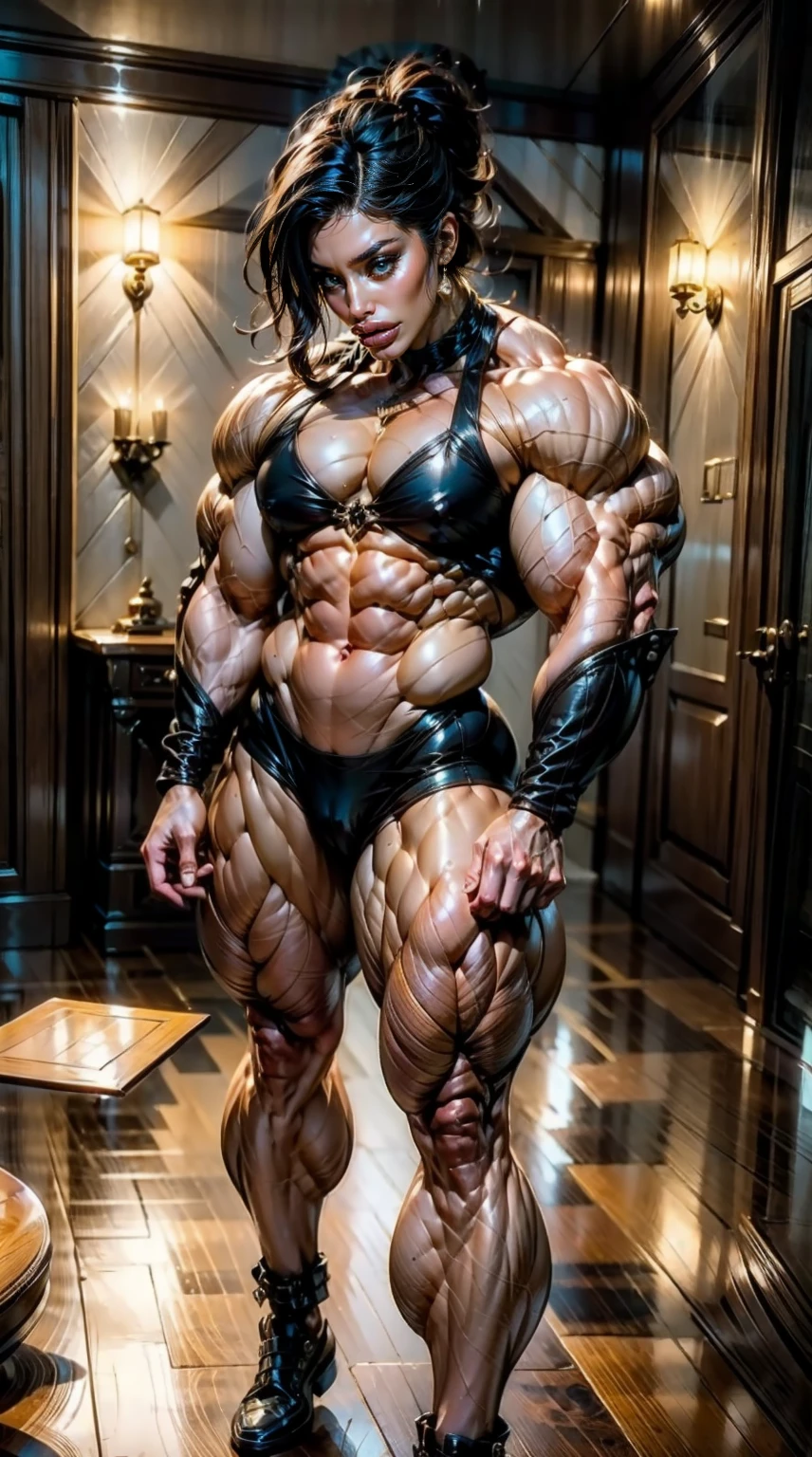 (megan fox:1.25), (muscular:1.5), (full body view:1.25), (red and black colors:1.46), (woman:1.1),(very muscular bodybuilder girl:1.25), (huge upper body:1.25), (narrow hips:1.0), long hair, (huge muscular arms:1.5,), (10-pack abs:1.4), (lots of veins:1.25), (horror:1.0), (esoteric:1.1), (solo:1.4), (dynamic angle:1.0), (cowboy shot:1.0), thin legs, Realistic, Very detailed face and eyes, (masterpiece:1.1), (best quality:1.1), (ornate:1.1), (beautiful girl face:1.25)
