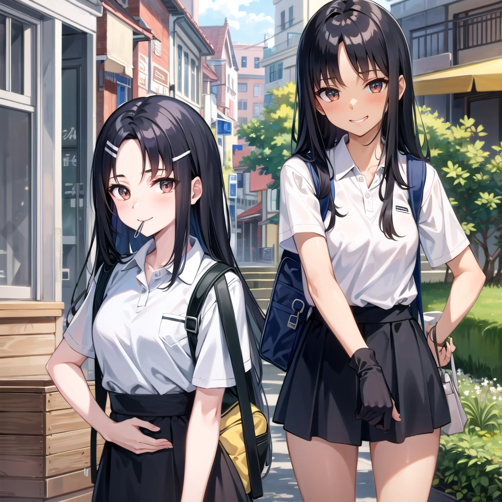 ((best quality)), ((masterpiece)), (detailed), 1girl, sexy((best quality)), ((masterpiece)), (detailed), 1girl, sexly((Highest quality)), ((masterpiece)), (detailed), One girl, セクシーexpensive body, expensive, Long legs, mature female, mature, Adult, It is_Nagatoro_main, nagatoro hayase, One girl, blush, alone, White polo shirt、 Black Hair, bag, Brown eyes, hair ornaments, View your viewers, Hair Clip, Outdoor, Backpack, smile, Long Hair, White shirt, Dark skinned women, Dark Skin, , bangs, Day, skirt, Collared shirt, clavicle, Ear Clip, Rolled up my sleeves, Mouth closed, wood, asymmetrical bangs, Upper Body