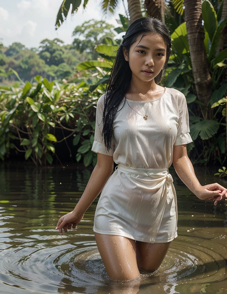 Beautiful javanese girl, traditional dress, in the river , wet