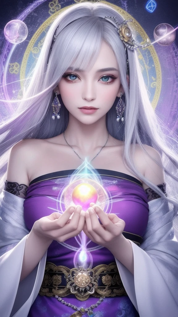 (masterpiece, top quality, 1 female, solo, exquisite details, chromatic aberration), (realistic), (skin), ((breathing)), (silver hair, blunt bangs, short straight long hair, short bangs, silver hair), beautiful hair, red headdress, blue highlights, hair over one eye, beautiful eyes, purple eyes, thick lips, earrings, piercing eyes, ((gold and white kimono)), ((symmetrical eyes)), ((perfectly symmetrical body)), ((perfectly symmetrical hands)), (purerosface_v1:0.3), night, ((self, natural light))), bright lighting, flowers blooming in the background, in front of the viewer, ((central shot, from the front, (face and shoulders))), mysterious atmosphere, bright flowers blooming around, bright colored background, rainbow colored background, fortune teller in kimono, beautiful fortune teller, fortune teller, fantasy female fortune teller, female fortune teller ,fFantasy photography, magician, witch fairy tale, Japanese style, elegant cinematic fantasy art, fantasy woman, sorceress portrait, casting spells, fortune teller, powerful wizard surrounded by mystical colorful flowers, wearing fluttering robes adorned with symbols, holding a glowing heart crystal ball, eyes glowing with mystical energy, spells leaking from his mouth, vivid swirls of sorcery pulsating with iridescent hues appear in the air, magic permeates, flowers bloom, sacred creatures gaze in awe, threads of magical energy dance, revealing hidden realms, unravelling secrets, capturing the essence of this enchanting moment and bringing to life the mystical power of sorcery on a canvas of the highest quality and finest detail. Highest Quality, Masterpiece, Ultra High Resolution, (Photorealistic: 1.4), RAW Photo, Sharp Focus, High Resolution, Detailed Skin.