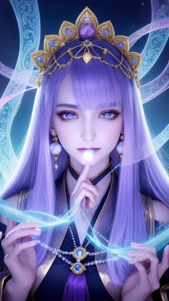 (masterpiece, top quality, 1 female, solo, exquisite details, chromatic aberration), (realistic), (skin), ((breathing)), (silver hair, blunt bangs, short straight long hair, short bangs, silver hair), beautiful hair, red headdress, blue highlights, hair over one eye, beautiful eyes, purple eyes, thick lips, earrings, piercing eyes, ((gold and white kimono)), ((symmetrical eyes)), ((perfectly symmetrical body)), ((perfectly symmetrical hands)), (purerosface_v1:0.3), night, ((self, natural light))), bright lighting, flowers blooming in the background, in front of the viewer, ((central shot, from the front, (face and shoulders))), mysterious atmosphere, bright flowers blooming around, bright colored background, rainbow colored background, fortune teller in kimono, beautiful fortune teller, fortune teller, fantasy female fortune teller, female fortune teller ,fFantasy photography, magician, witch fairy tale, Japanese style, elegant cinematic fantasy art, fantasy woman, sorceress portrait, casting spells, fortune teller, powerful wizard surrounded by mystical colorful flowers, wearing fluttering robes adorned with symbols, holding a glowing heart crystal ball, eyes glowing with mystical energy, spells leaking from his mouth, vivid swirls of sorcery pulsating with iridescent hues appear in the air, magic permeates, flowers bloom, sacred creatures gaze in awe, threads of magical energy dance, revealing hidden realms, unravelling secrets, capturing the essence of this enchanting moment and bringing to life the mystical power of sorcery on a canvas of the highest quality and finest detail. Highest Quality, Masterpiece, Ultra High Resolution, (Photorealistic: 1.4), RAW Photo, Sharp Focus, High Resolution, Detailed Skin.