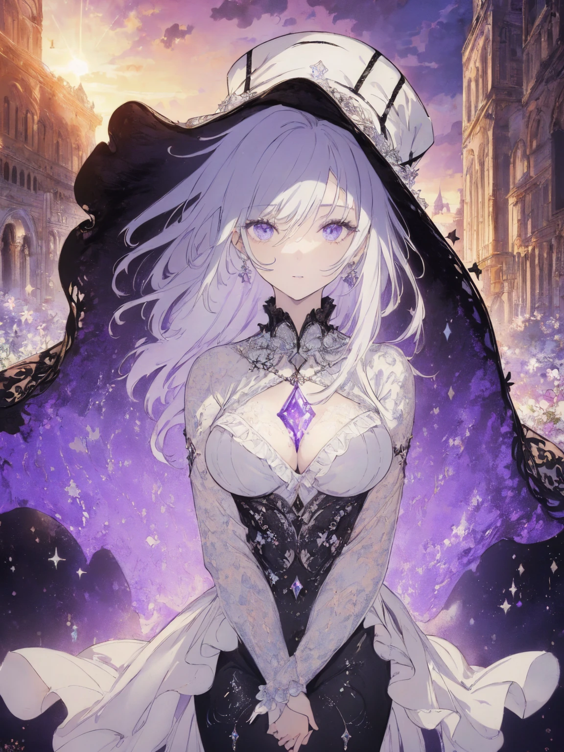 absurdres, highres, ultra detailed, HDR, master piece, best quality, 2B, white hair, expressive blue eyes, Nier Automata, solo, woman, beautiful, black dress, hair band, fantasy, magical, shining, purple flowers, blossoms, water, purple petals, purple butterflies, sparkling, purple moon, starry sky