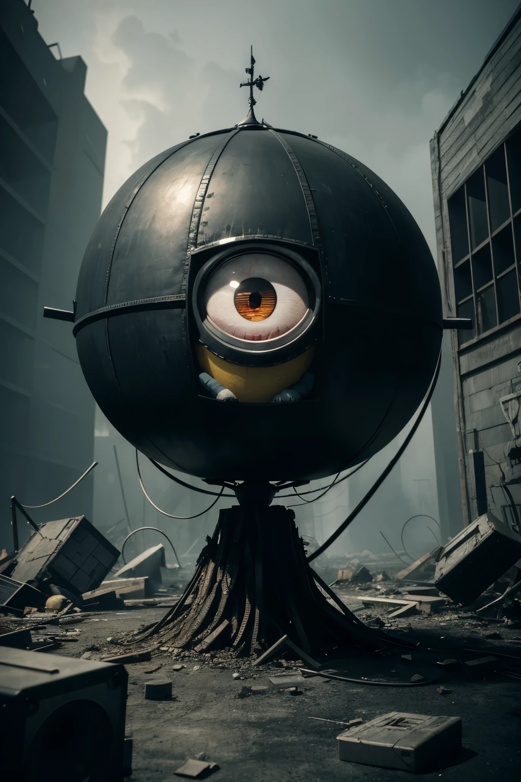 Create a chaotic and dark environment, with distorted elements and an oppressive atmosphere. Focus on a Minion from the movie 'Despicable Me' as the main character, but infuse him with characteristics of the Greek god Apollo. The Minion must have classic Apollo features, like a divine aura, solar elements, and a heroic countenance. Keep the anime style dark, with striking details and strong contrasts to create a disturbing and intriguing look.