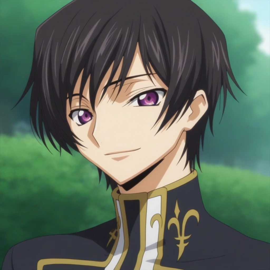 score_9, score_8_up, score_7_up, source_anime, rating_safe, intricate details, anime screencap, , , looking at viewer, depth of field, 1boy, solo, male focus, lelouch_lamperouge, black hair, purple eyes, bangs, smile, cute, black uniform costume, park, dusk,