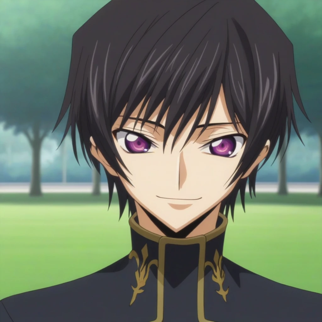 score_9, score_8_up, score_7_up, source_anime, rating_safe, intricate details, anime screencap, , , looking at viewer, depth of field, 1boy, solo, male focus, lelouch_lamperouge, black hair, purple eyes, bangs, smile, cute, black uniform costume, park, dusk,