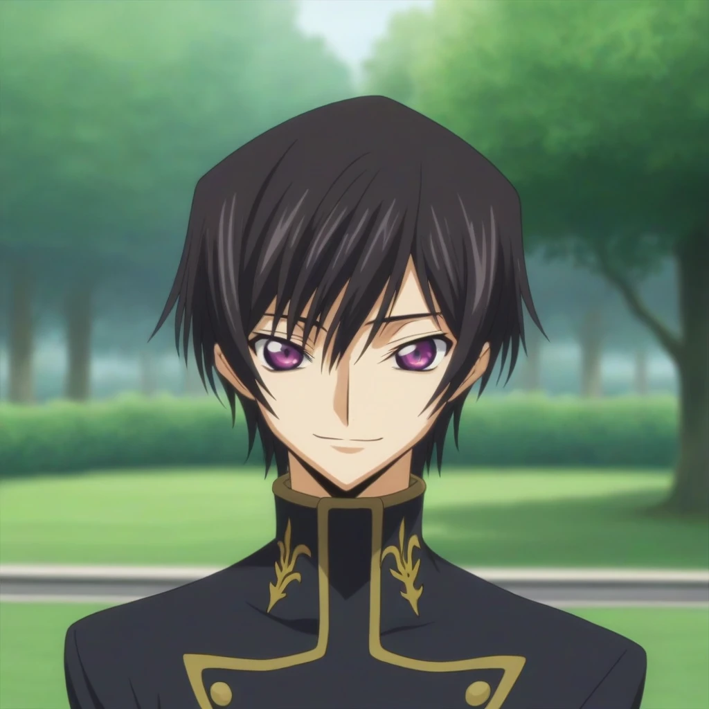 score_9, score_8_up, score_7_up, source_anime, rating_safe, intricate details, anime screencap, , , looking at viewer, depth of field, 1boy, solo, male focus, lelouch_lamperouge, black hair, purple eyes, bangs, smile, cute, black uniform costume, park, dusk,