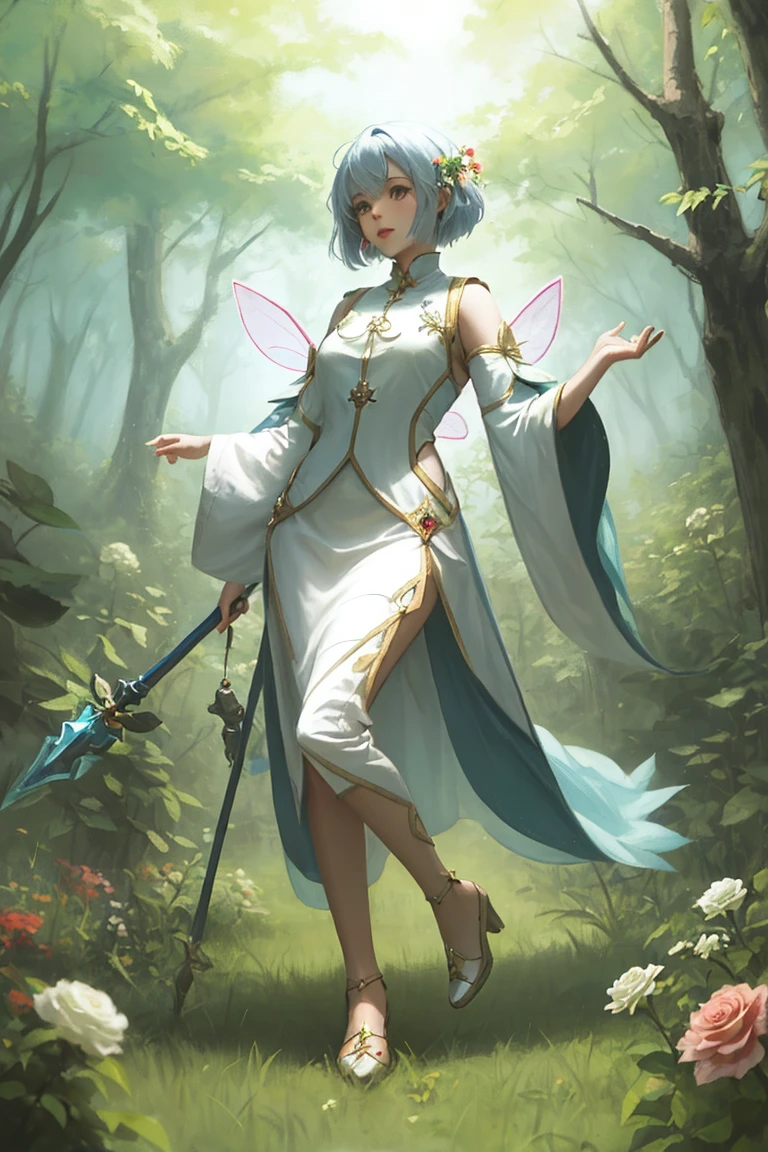 full body portrait. A cute short little mage. her power from nature. forest related. she's a fairy of the flowers. 
