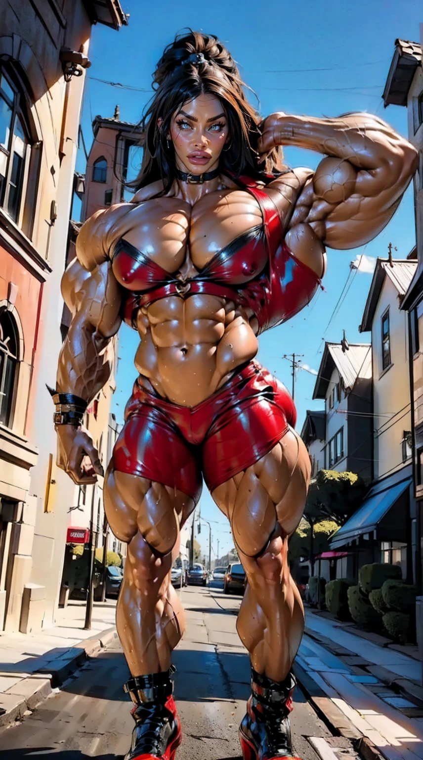 (megan fox:1.25), (muscular:1.5), (full body view:1.25), (red and black colors:1.46), (woman:1.1),(very muscular bodybuilder girl:1.25), (huge upper body:1.25), (narrow hips:1.0), long hair, (huge muscular arms:1.5,), (10-pack abs:1.4), (lots of veins:1.25), (horror:1.0), (esoteric:1.1), (solo:1.4), (dynamic angle:1.0), (cowboy shot:1.0), thin legs, Realistic, Very detailed face and eyes, (masterpiece:1.1), (best quality:1.1), (ornate:1.1), (beautiful girl face:1.25)