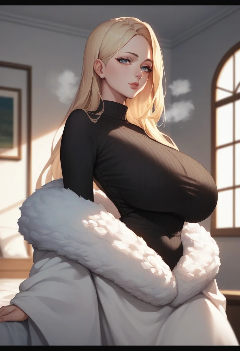 1girl,solo,Mature Women,blonde hair color,long hair,Her hair is tucked back,grey eyes,slanted eyes,super huge breasts,slender,black knit long sleeves,Steam comes out of the body,breath,feather shawl,amorous glance,side of face,looking at viewer,near,standing up,house,in bed room