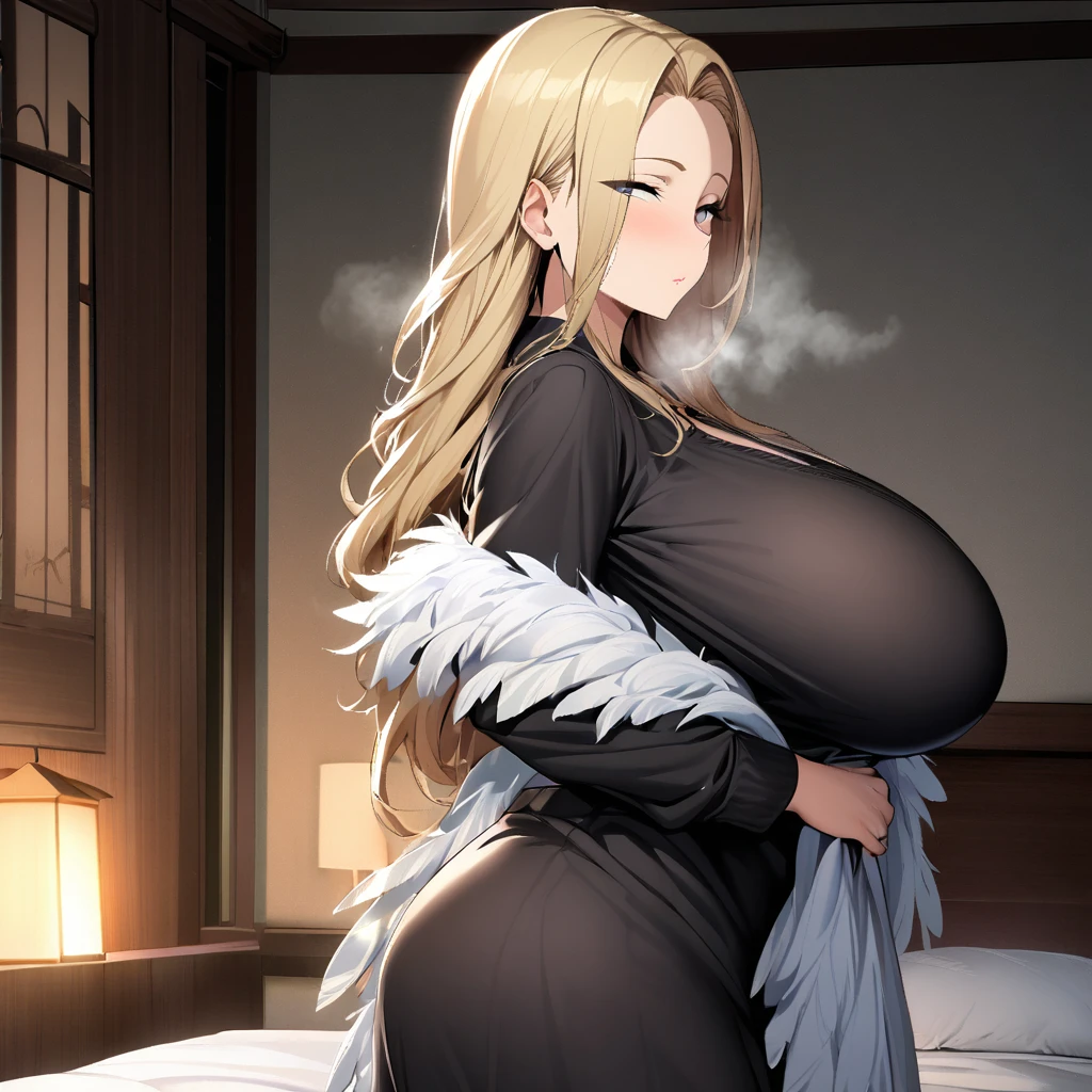 1girl,solo,Mature Women,blonde hair color,long hair,Her hair is tucked back,grey eyes,slanted eyes,super huge breasts,slender,black knit long sleeves,Steam comes out of the body,breath,feather shawl,amorous glance,side of face,looking at viewer,near,standing up,house,in bed room